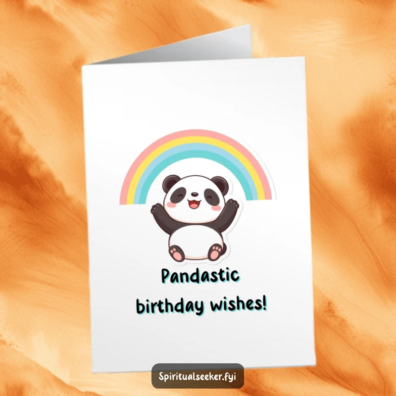 Funny Free Printable Birthday Card: Hopeful panda gazing at a vibrant rainbow with a gentle smile, radiating positivity.