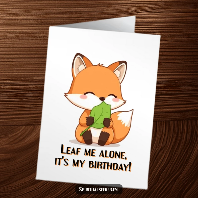 Funny Free Printable Birthday Card: A thoughtful fox gently holds a peaceful green leaf, offering calm birthday wishes. Downloadable art.