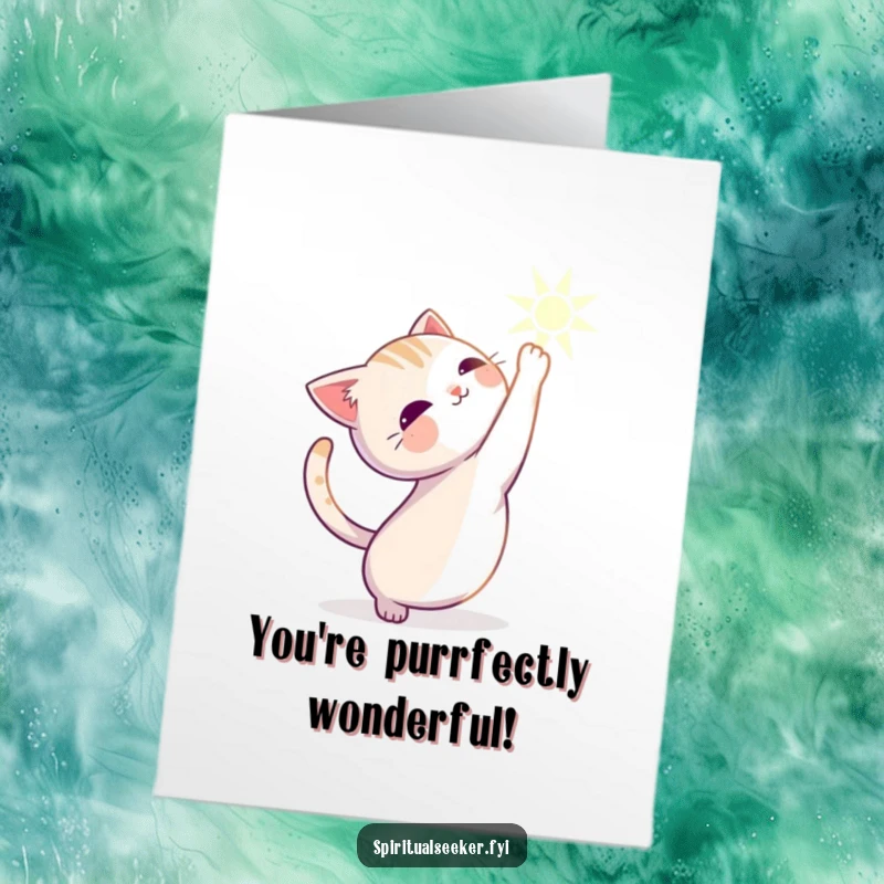 Funny Free Printable Birthday Card: Serene cat stretching gracefully towards a bright beam of light, celebrating a peaceful birthday.