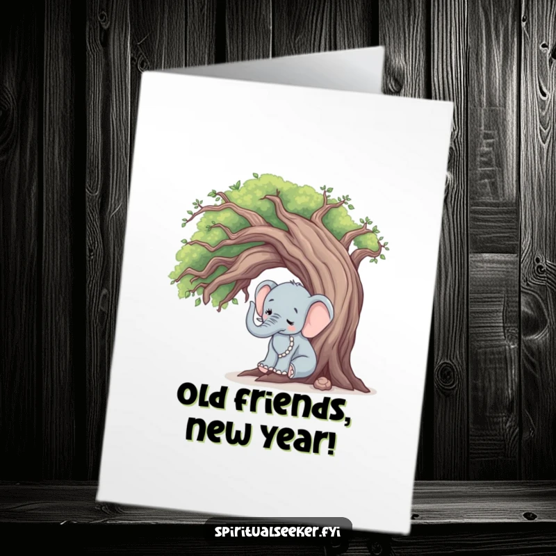 Funny free printable birthday card: a peaceful elephant gently touching a wise, old tree, a heartwarming downloadable gift.