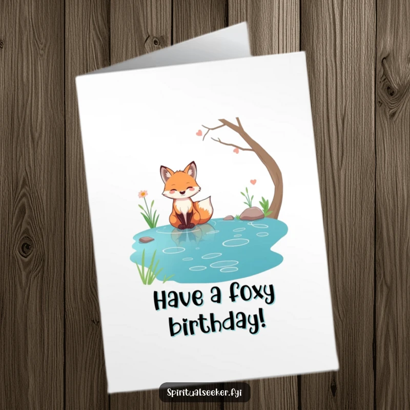 Free Printable Fox Birthday Card: A tranquil fox with a serene expression sits by a crystal-clear stream, offering birthday calm.