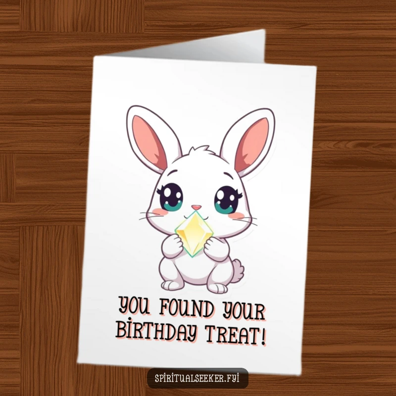 Funny Free Printable Birthday Card: A curious rabbit marvels at a glowing crystal, capturing pure birthday wonder and humor.