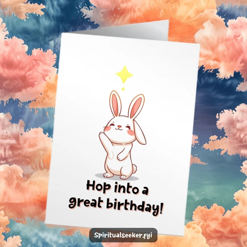 Free Printable Rabbit Birthday Card: Hopeful rabbit reaching out towards a beautiful glowing constellation for birthday wishes.