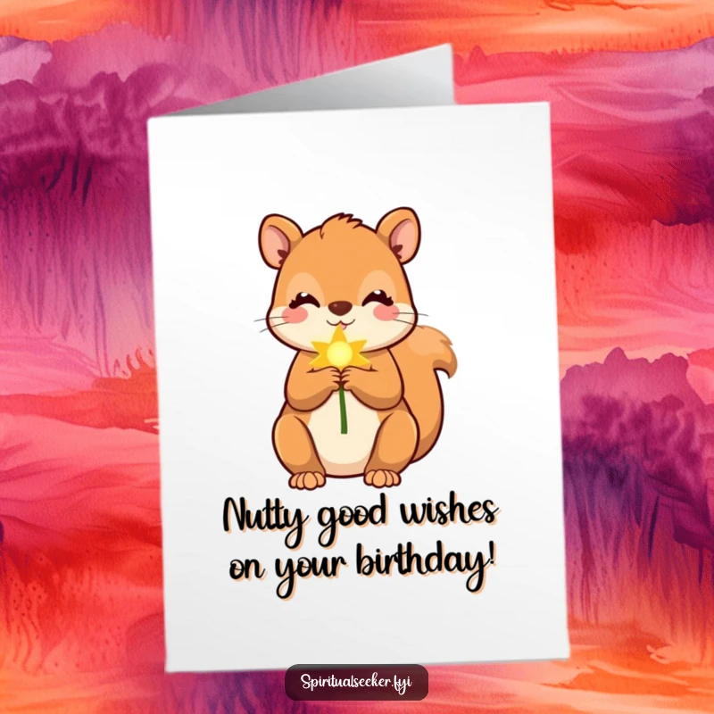 Free Printable Birthday Card: A cute squirrel happily clutches a soft, golden sun ray, wishing a bright and happy birthday.
