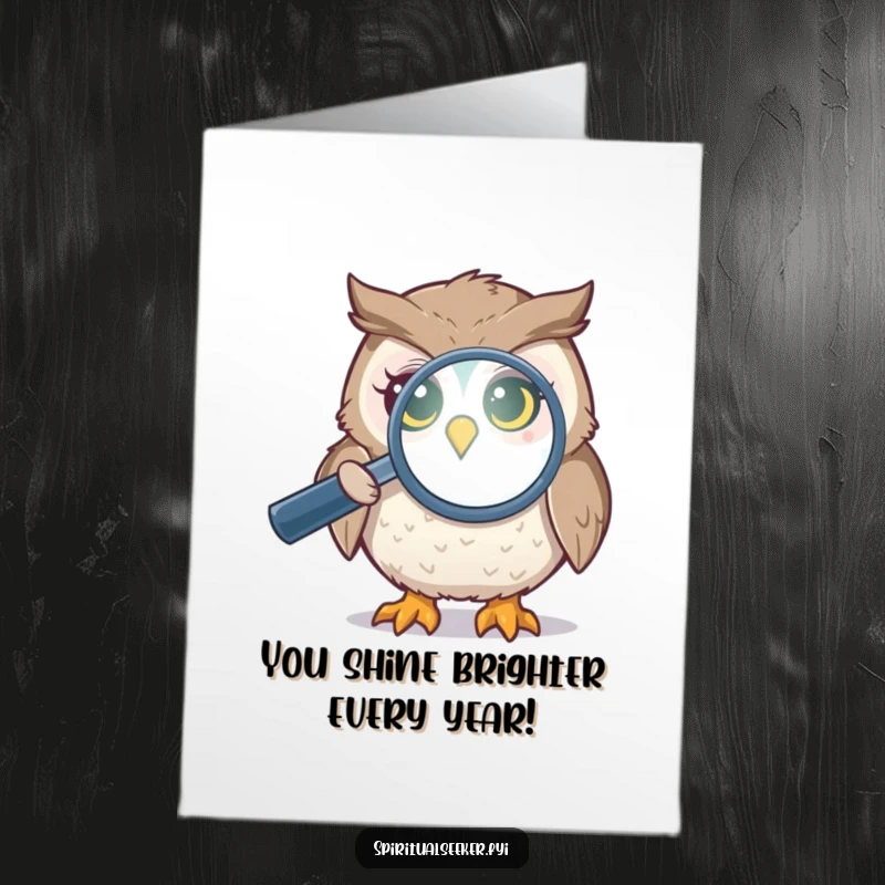 Funny free printable birthday card featuring a curious owl examining a shimmering aura with a magnifying glass.