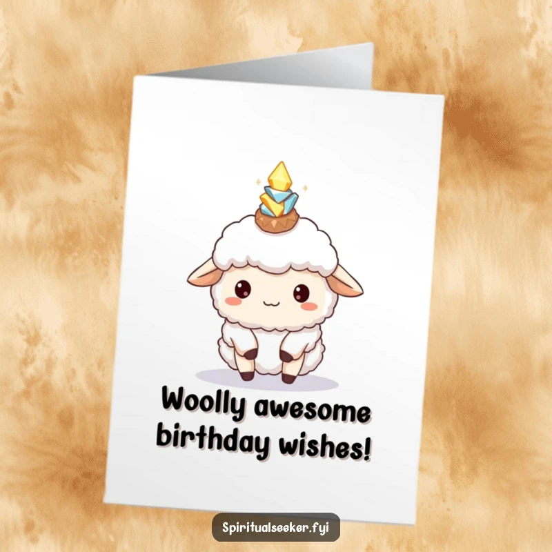 Funny Free Printable Sheep Birthday Card: Fluffy sheep precariously balances glowing crystals on its head, adding a touch of whimsical humor.