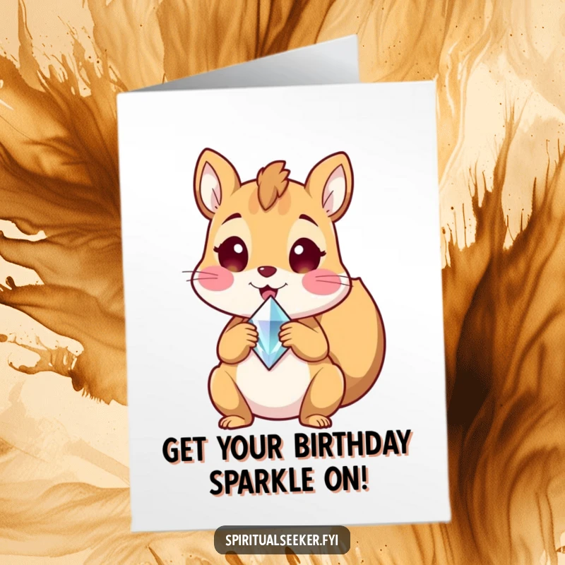 Funny Free Printable Squirrel Birthday Card, a delighted squirrel holding a glowing crystal shard, celebrating with excitement.