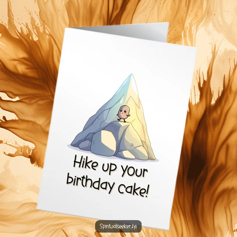 Funny Free Printable Birthday Card: Small determined pebble creature hiking up a glowing crystal mountain, celebrating achievement.