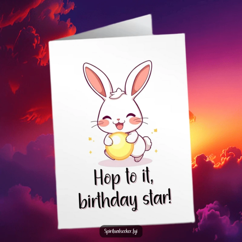 Funny Free Printable Rabbit Birthday Card: A joyful rabbit actively chasing a glowing orb, spreading birthday cheer.
