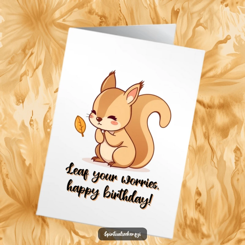 Funny Free Printable Birthday Card: A kawaii squirrel contemplating a falling leaf with deep thought, humorous and cute downloadable greeting.