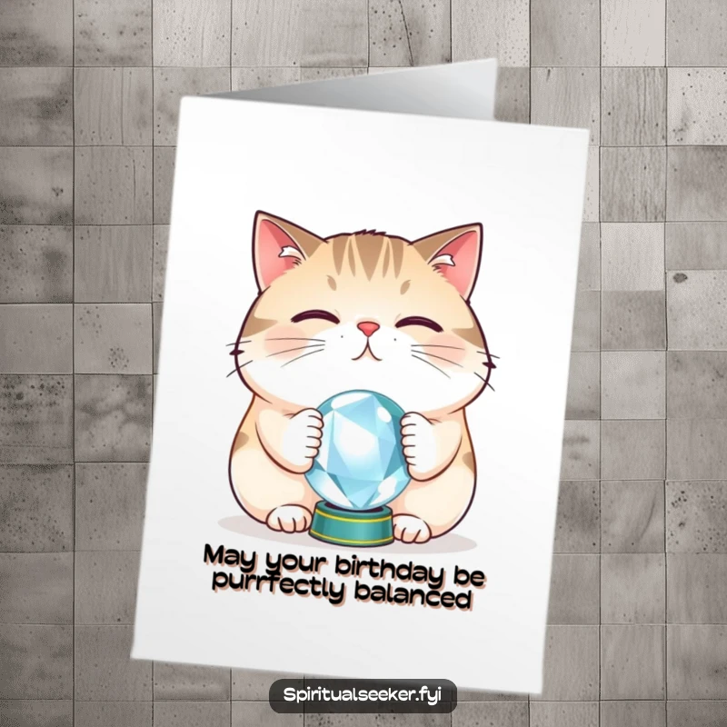 Funny free printable birthday card featuring a plump cat precariously balancing a crystal ball on its nose.