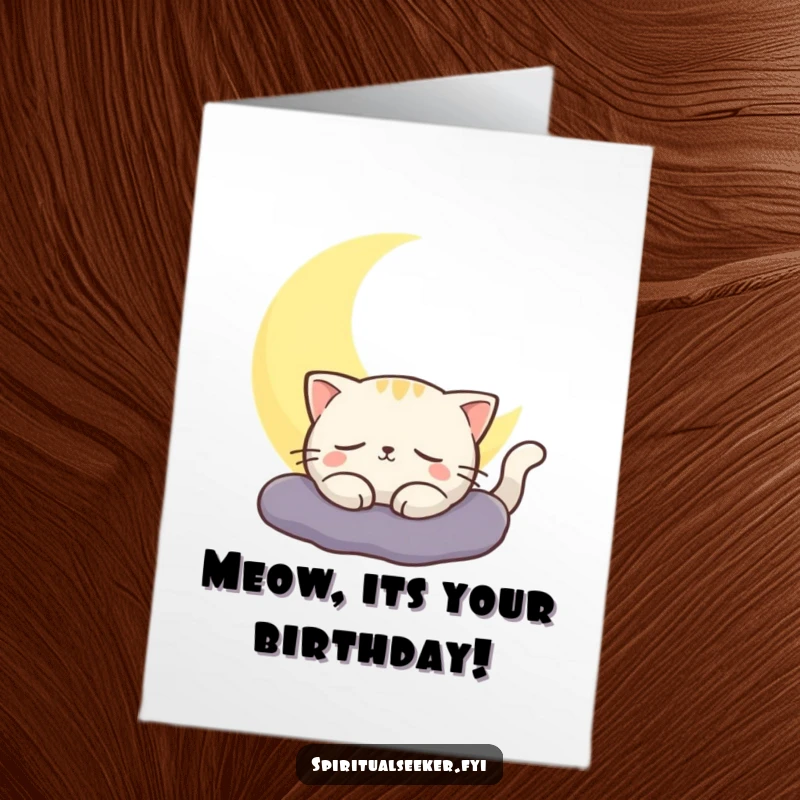 Funny Free Printable Cat Birthday Card: A contented cat basks in crescent moon glow, wishing a happy birthday.