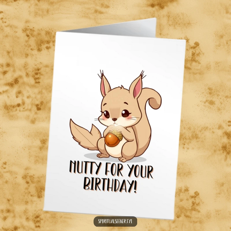 Funny Free Printable Squirrel Birthday Card: A curious squirrel eyes a luminous magical acorn, perfect for a birthday wish.