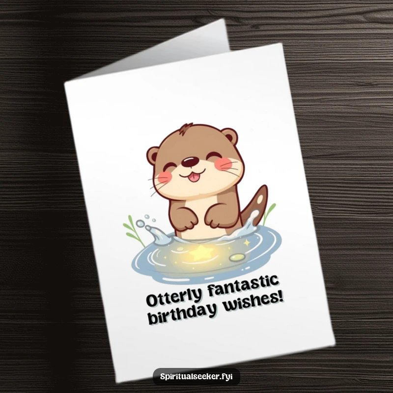 Funny Free Printable Otter Birthday Card: A playful otter joyfully splashes in a pond reflecting twinkling starlight, sending happy birthday wishes.