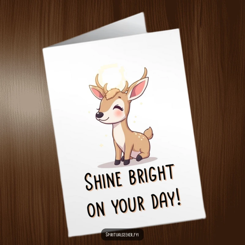 Funny Free Printable Deer Birthday Card: A contented deer looks towards a radiant light, symbolizing bright birthday wishes.