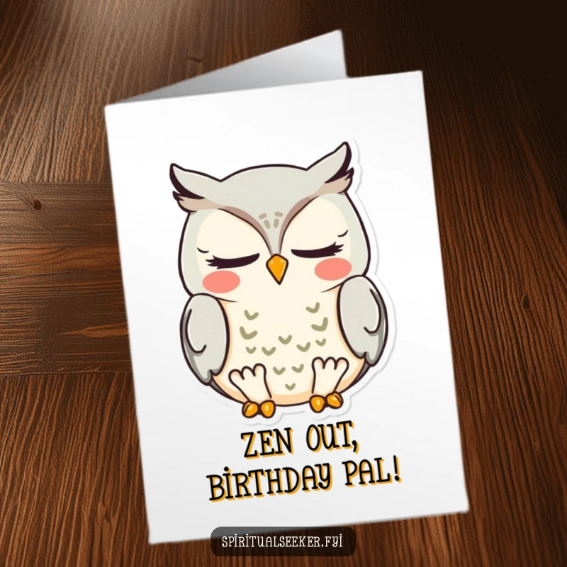 Funny Free Printable Owl Birthday Card: A meditating owl with closed eyes and a serene smile, perfect for a peaceful greeting.