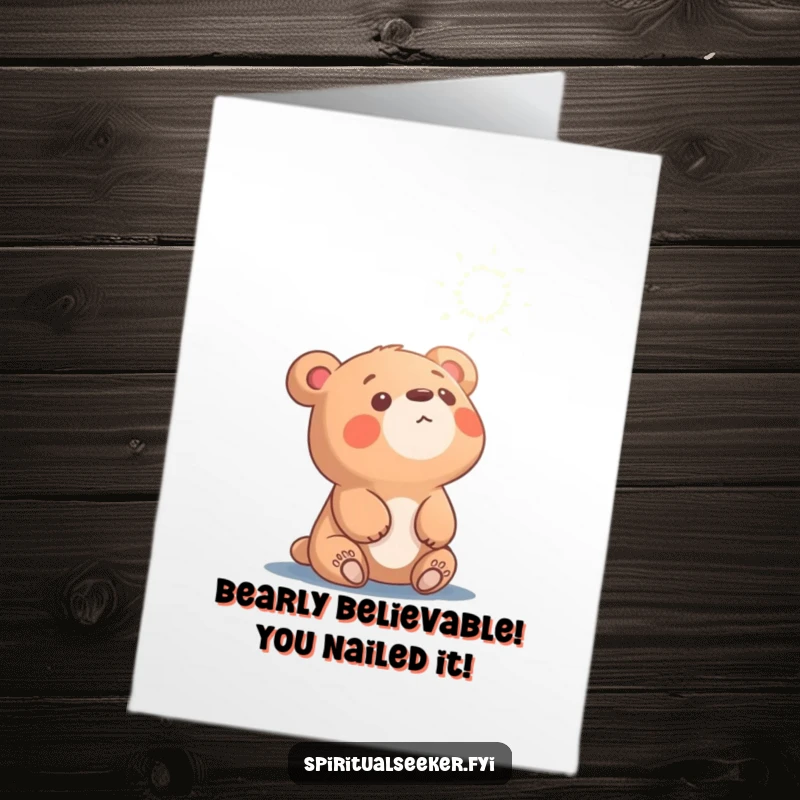Free Printable Bear Congratulations Card: Curious bear cub looking up in awe at a shimmering light, celebrating their win.