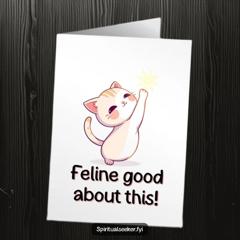 Funny Free Printable Congratulations Card: Elegant cat stretching towards light, celebrating a peaceful and well-deserved success.