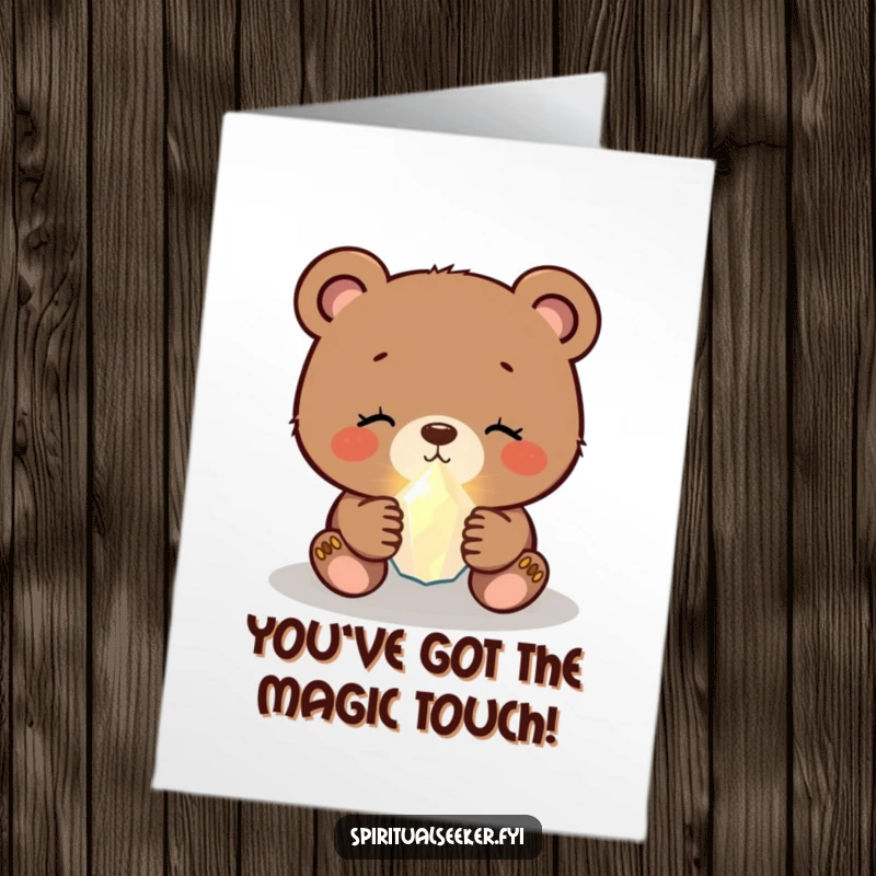 Free Printable Congratulations Card: Adorable bear cub holds a luminous crystal, symbolizing bright success and happy wishes.