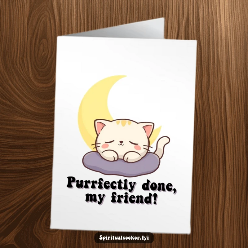 Funny Free Printable Cat Congratulations Card: Contented cat enjoys crescent moon glow, celebrating an achievement.