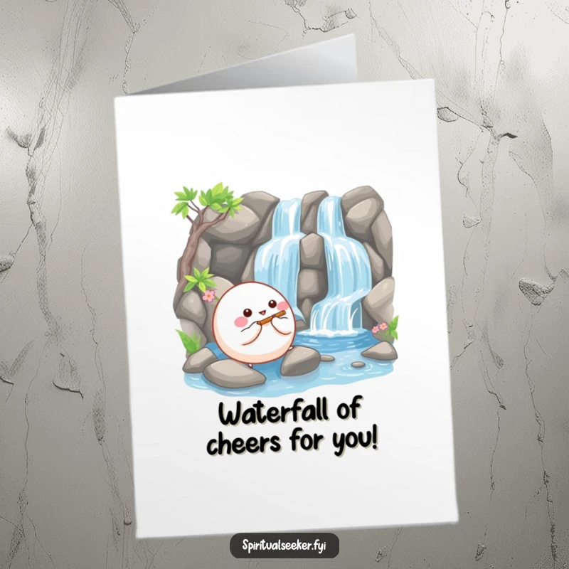 Funny Free Printable Congratulations Card: A happy bouncy ball creature playing a tiny flute beside a serene waterfall, celebrating success.