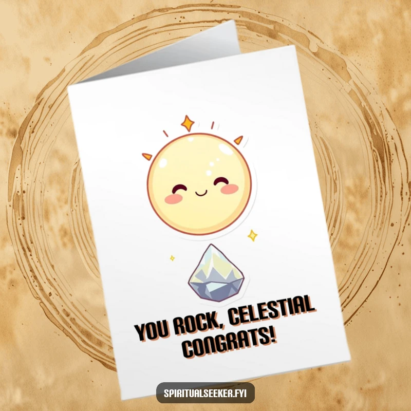 Funny Free Printable Congratulations Card: Smiling celestial body happily floating above a tiny sparkling crystal, celebrating success.