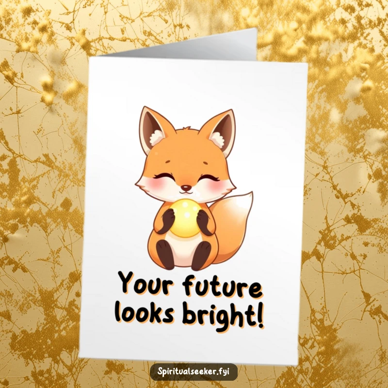 Funny Free Printable Congratulations Card: A kawaii fox holds a glowing orb serenely, celebrating their peaceful success.