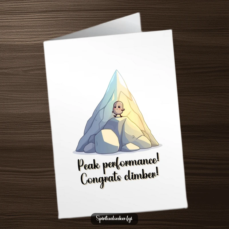 Funny Free Printable Congratulations Card: Determined pebble creature scaling a glowing crystal mountain, symbolizing triumph.