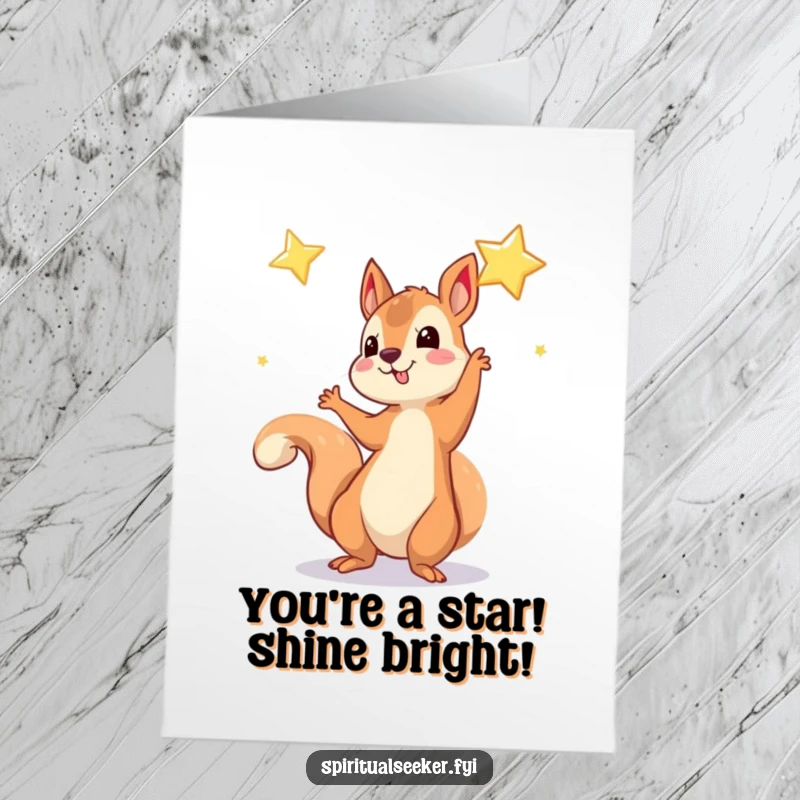 Funny free printable congratulations card of a playful squirrel reaching towards a sparkling star. Celebrate their success!