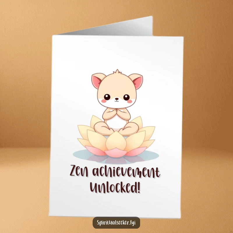Free Printable Congratulations Card: Peaceful Kawaii animal meditating on a lotus flower, celebrating calm achievement.