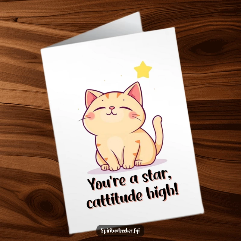 Funny Free Printable Congratulations Card: Contented cat gazing upwards at a bright twinkling star, celebrating achievement.