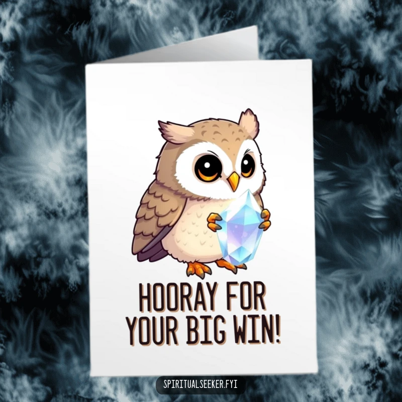 Funny Free Printable Congratulations Card: Curious owl focused on a glowing crystal, signifying a brilliant achievement.