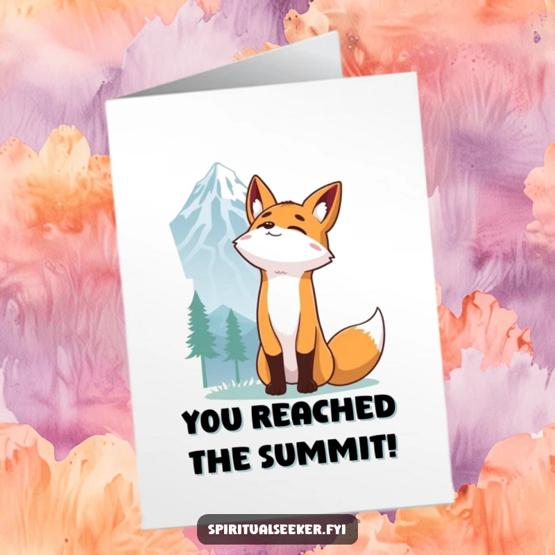 Funny Free Printable Fox Congratulations Card: A determined fox reaches for a distant mountain peak, symbolizing achievement and ambition.