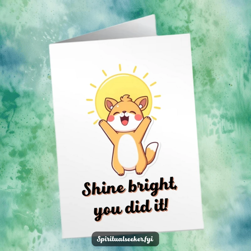 Funny Free Printable Congratulations Card showing a happy Kawaii animal stretching up to a glowing sun, celebrating success.