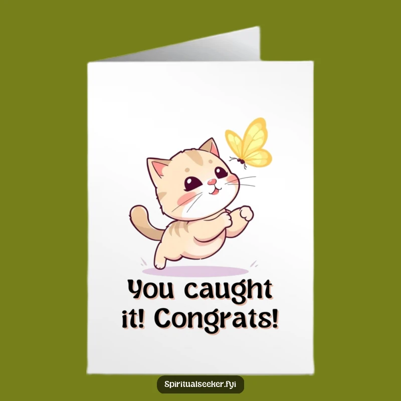 Free Printable Congrats Card: Kawaii Cat Butterfly Chase, Joyful Downloadable
