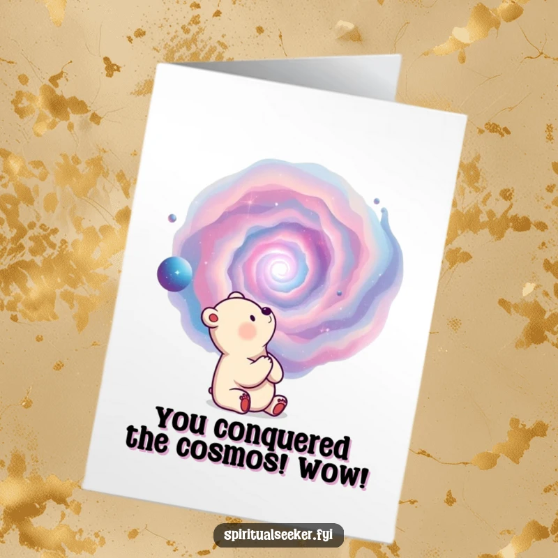 Funny free printable congratulations card featuring a thoughtful bear contemplating a mesmerizing, swirling nebula, symbolizing grand accomplishments.