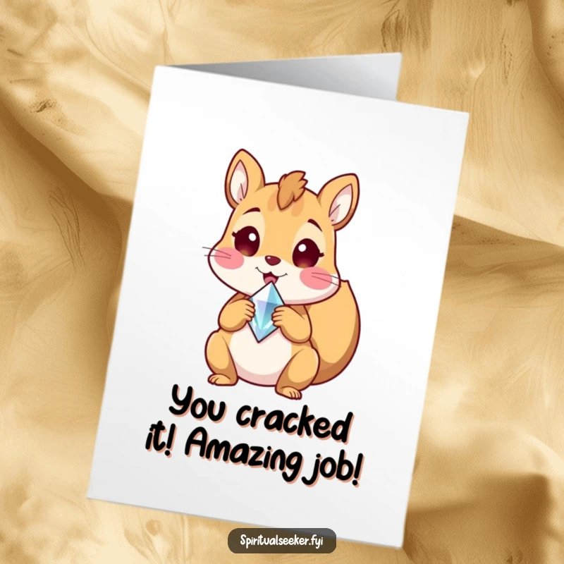 Funny Free Printable Squirrel Congratulations Card, an excited squirrel clutching a crystal, celebrating a shining success.