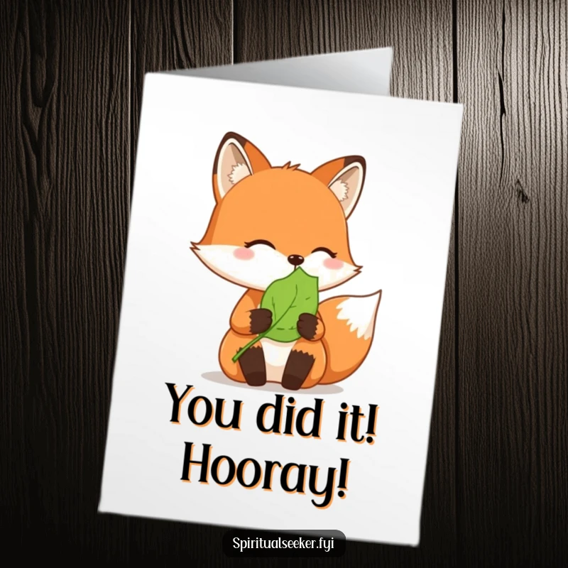 Funny Free Printable Congratulations Card: A thoughtful fox clutches a serene leaf, conveying congratulations with quiet charm. Downloadable art.