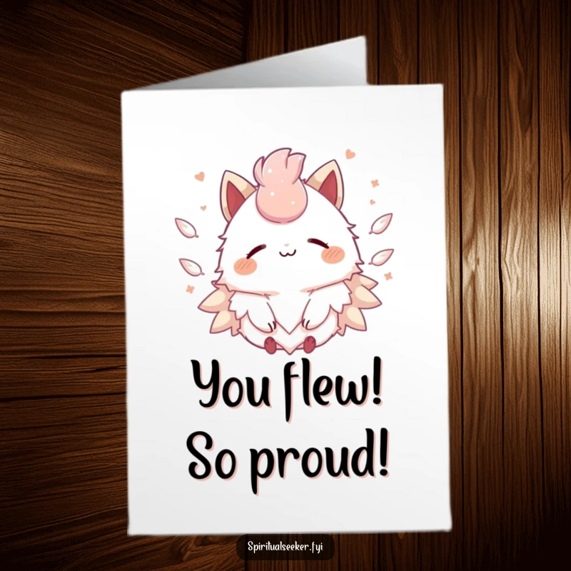 Funny Free Printable Congratulations Card with a peaceful Kawaii creature surrounded by soft, floating feathers, signifying calm success.