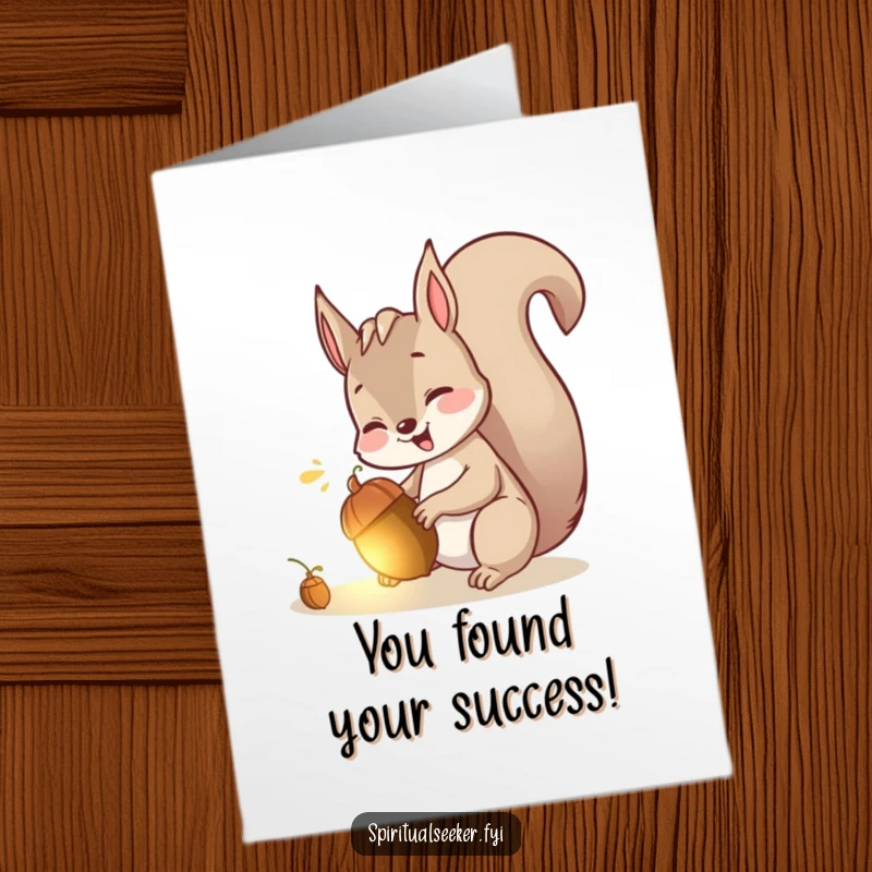 Funny Free Printable Congrats Card featuring a giggling squirrel with a glowing acorn, a charming downloadable gift.