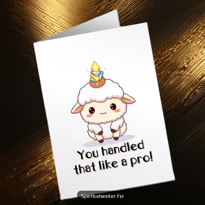 Funny Free Printable Sheep Congratulations Card: A fluffy sheep humorously balances glowing crystals, perfect for celebrating any wonderful achievement.