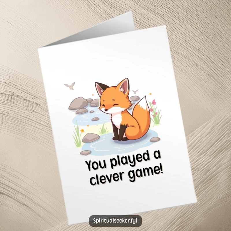 Funny Free Printable Fox Congratulations Card: A serene fox by a stream, celebrating peaceful, earned success.