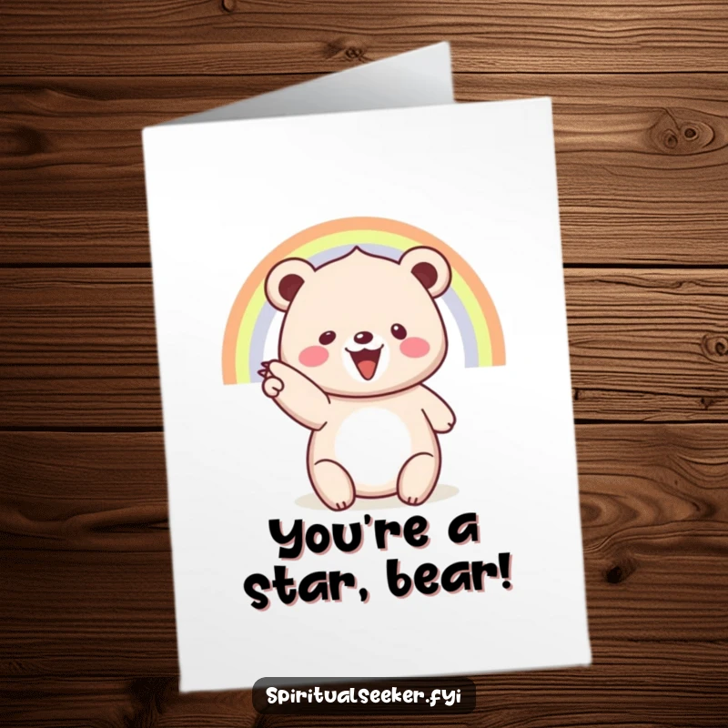 Funny Free Printable Congratulations Card: A beaming bear joyfully points to a bright rainbow, signaling great success. Downloadable art.