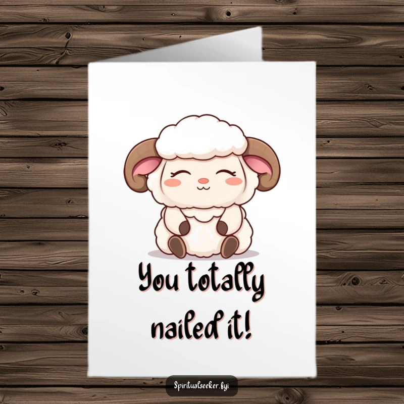Funny Free Printable Congratulations Card: A fluffy sheep meditates with a serene smile recognizing their success, a peaceful gift.
