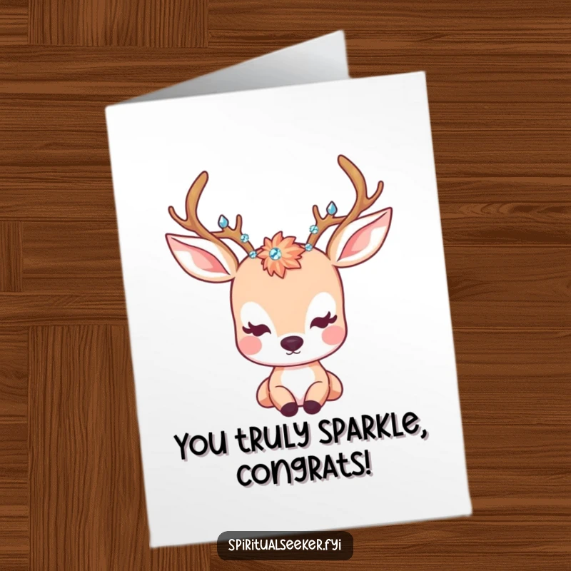 Funny Free Printable Congratulations Card: A kawaii deer with crystal antlers gazes peacefully, celebrating serene accomplishments.