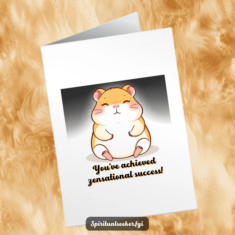Funny Free Printable Congratulations Card: Meditating hamster glowing brightly, sending cheerful wishes for any big win.