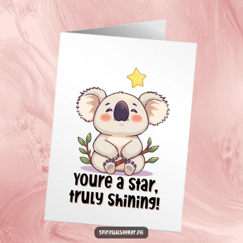Free Printable Congratulations Card: A content koala gazes at a bright star, celebrating success with peaceful admiration.