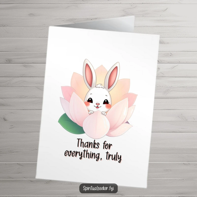 Funny Free Printable Bunny Thank You Card: A curious bunny peeks from behind a glowing lotus flower, offering a delightful way to express thanks.