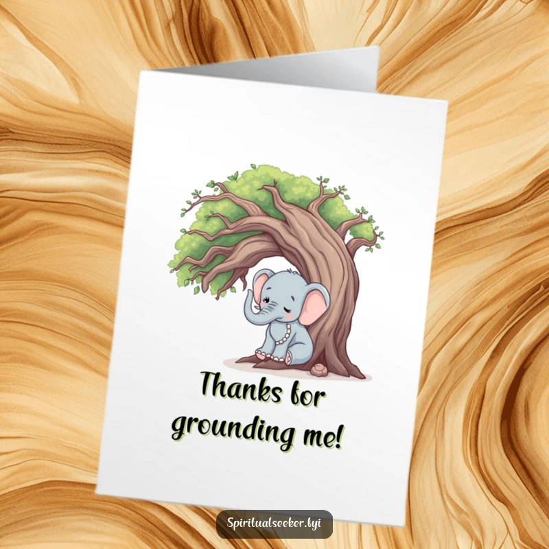 Funny free printable thank you card: a peaceful elephant gently touching a wise, old tree, a serene downloadable gift.