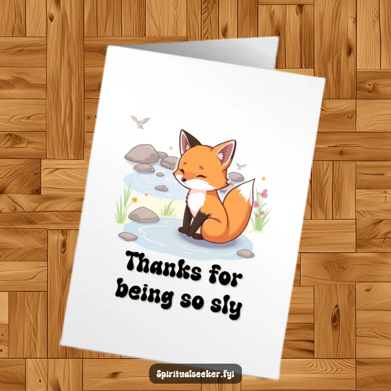 Funny Free Printable Fox Thank You Card: A serene fox near a stream, offering peaceful, downloadable thanks.